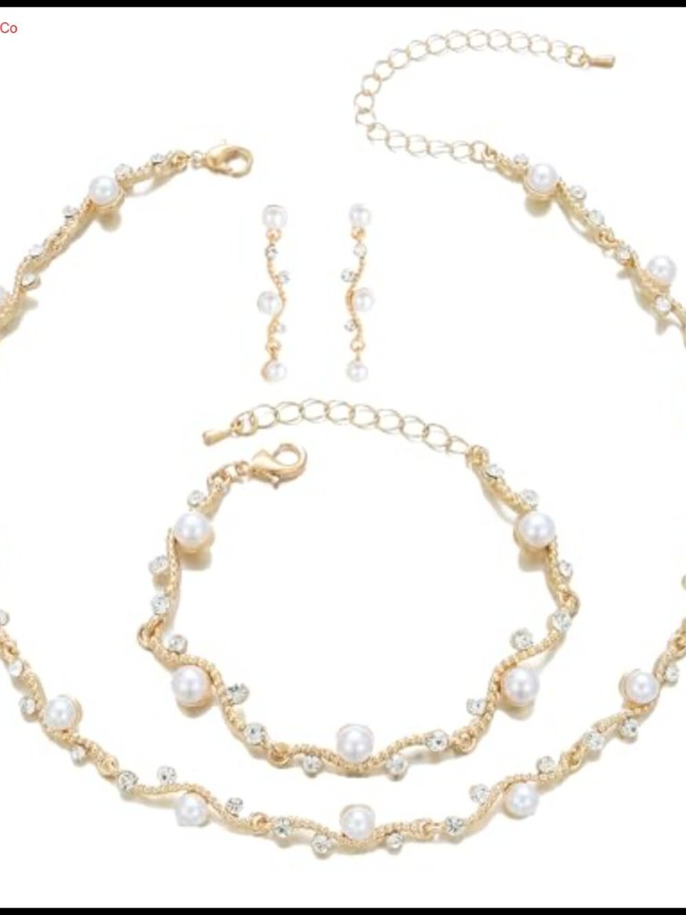 Bridal Pearl Crystal Jewelry Set Necklace Earrings Bracelet Silver Plated